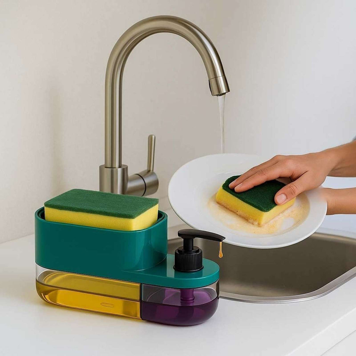 3-in-1 Soap Dispenser with Sponge Holder – Kitchen Dishwashing Liquid Pump