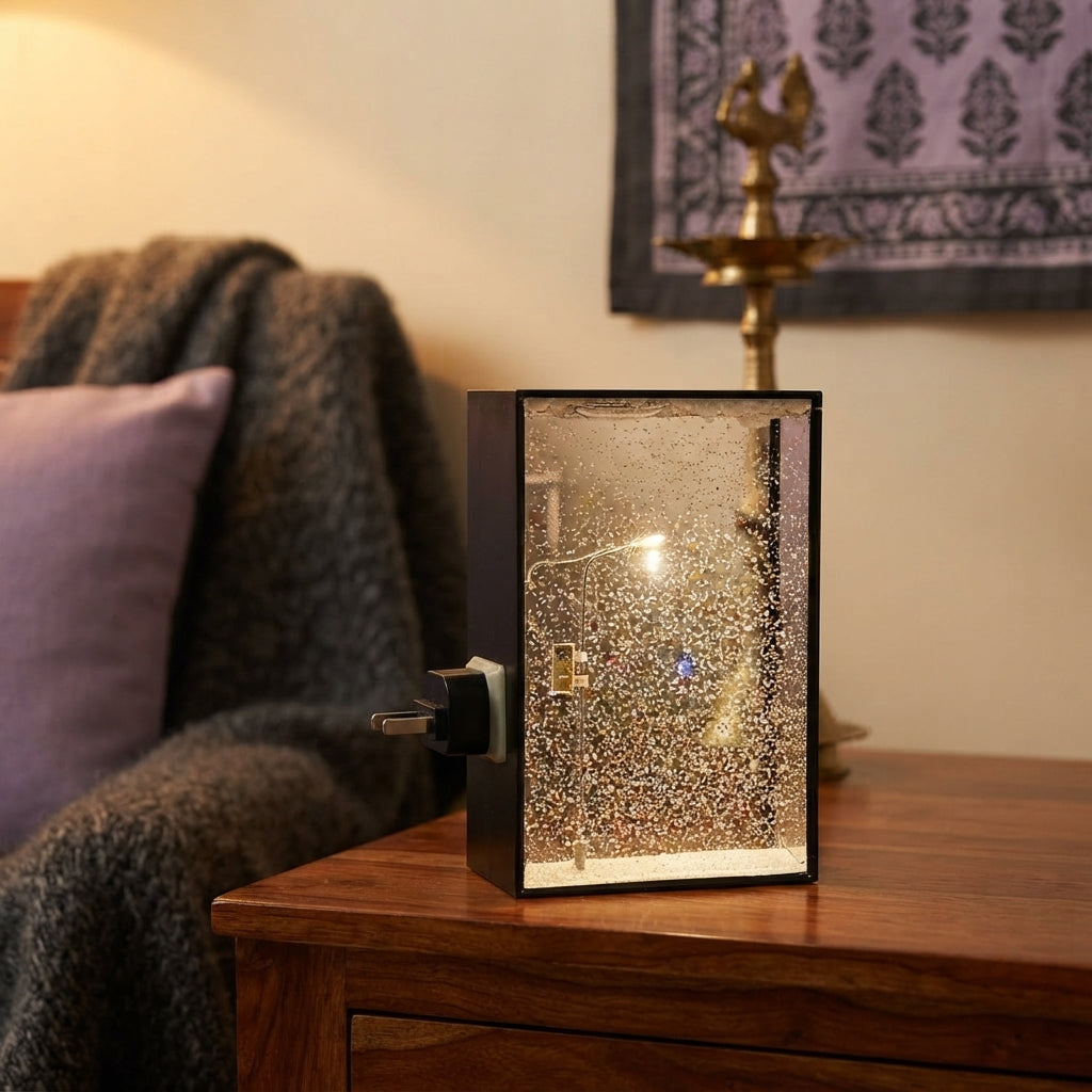 A Snowy Street Lamp Night Light glowing on a nightstand in a cozy bedroom with lavender and cream decor.