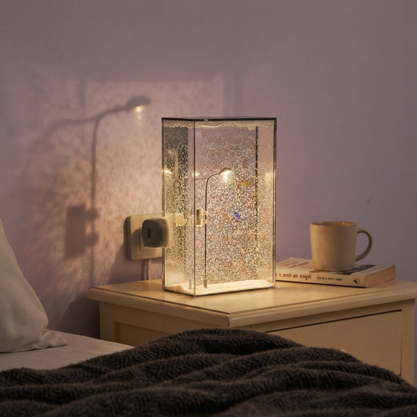 A Snowy Street Lamp night light casting dramatic shadows on a lavender bedroom wall in a cozy, dimly lit home.
