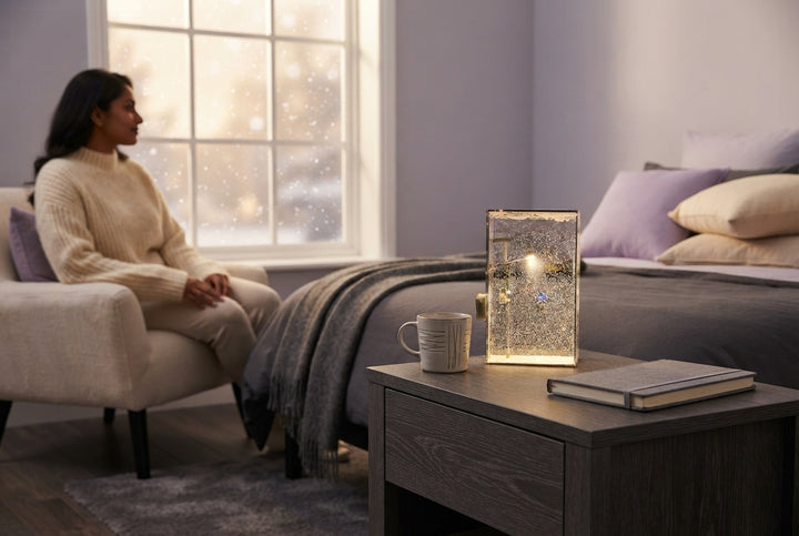 A Snowy Street Lamp night light glowing on a bedside table in a cozy, lavender and cream bedroom with a person relaxing nearb