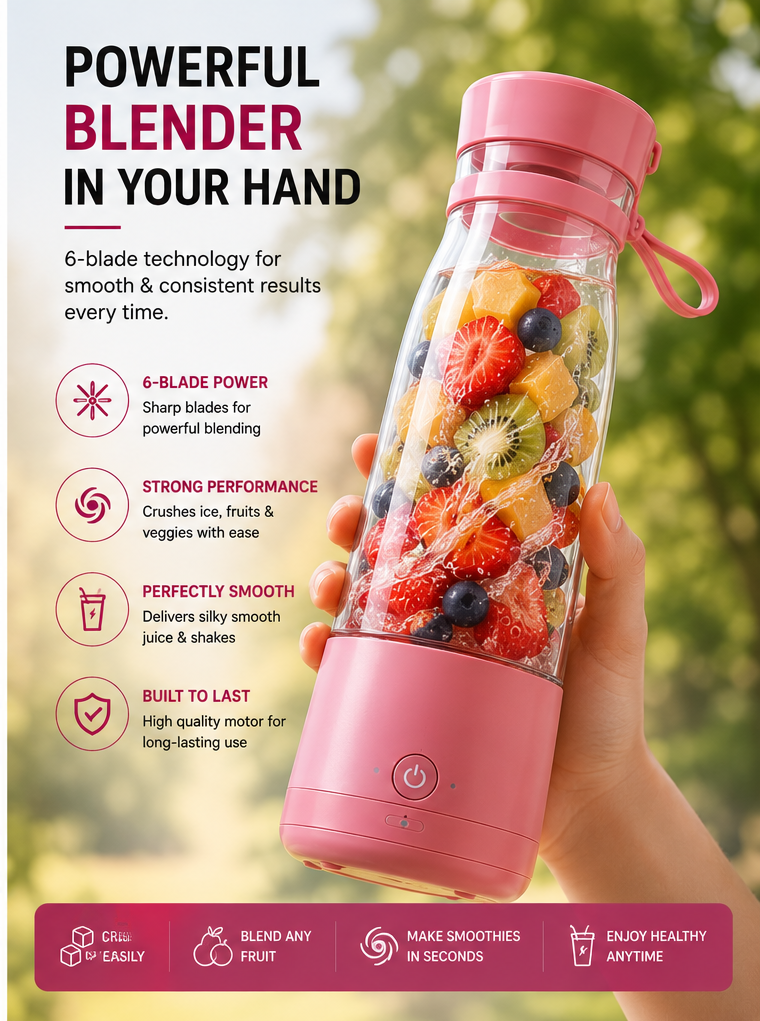Portable mini juicer held in hand with fresh fruits, featuring a compact design, USB rechargeable operation and 6-blade blending system.