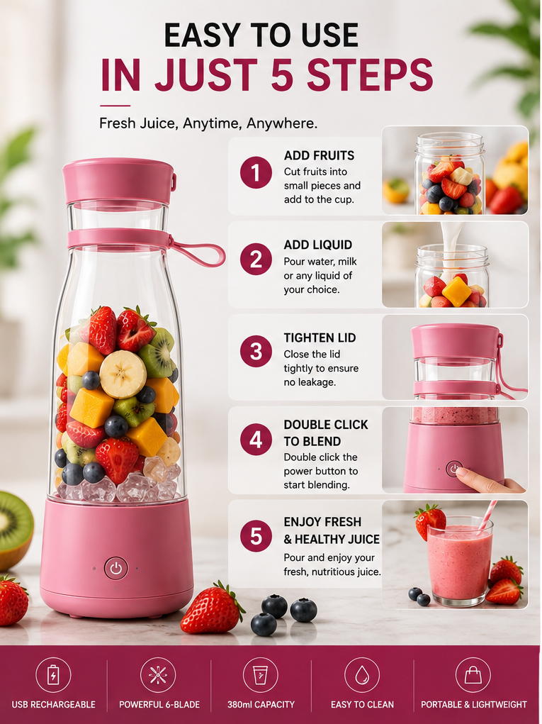 Valoriq portable mini juicer easy to use in 5 steps with fruit, liquid, blending and fresh juice
