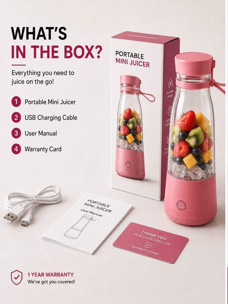 Valoriq portable mini juicer with USB charging cable user manual and warranty card included in the box